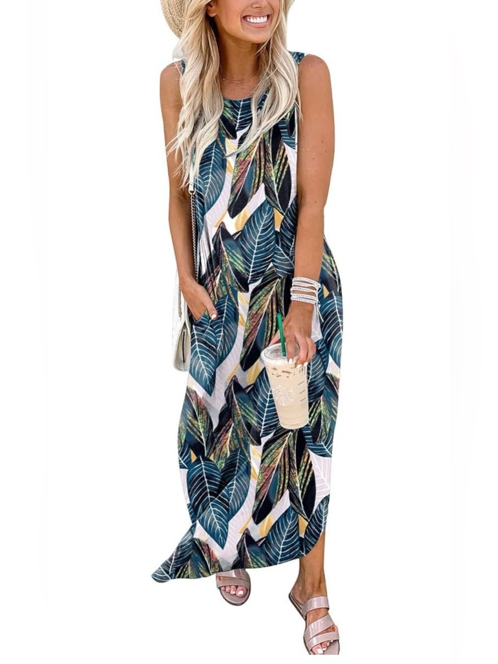 Tropical Leaf Maxi Dress in Teal & Navy